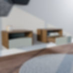 Thumbnail: Chocolate floating & Fluted bedside cabinet set, in Farrow & Ball Pigeon. Made to order by Davies & Foster.