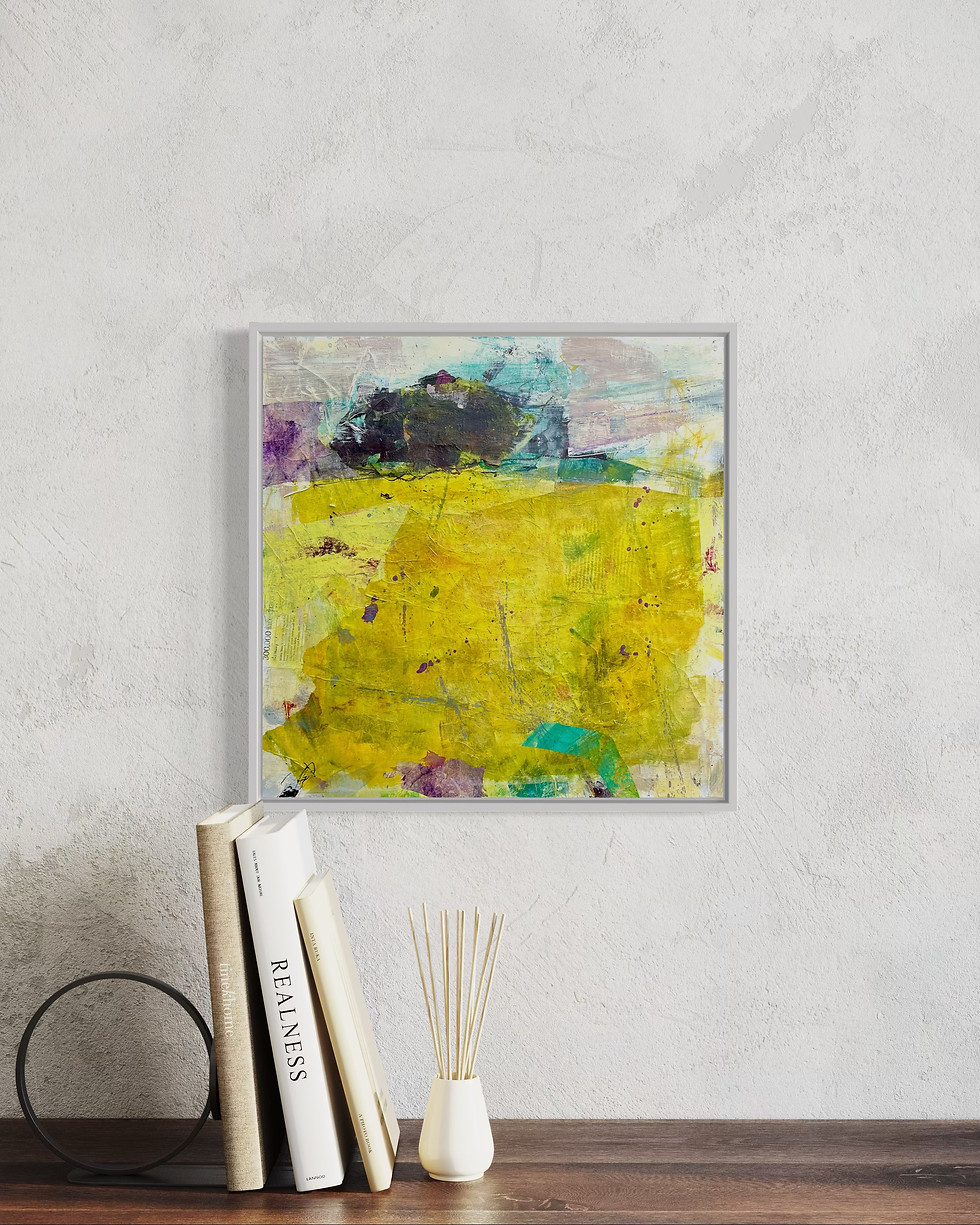 Thumbnail: Threshold by David Brett — abstract painting in situ, violet-grey atmosphere above yellow-green ground, framed and hung on wh