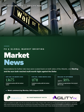 Cover of the Paratus Wealth and Agility Forex weekly market briefing for the week commencing 24 August 2026. A mountain range above a dark conifer forest, with the title Market News and three figures, each labelled with how it was published: the chance of another Bank of England rise before December at 63 per cent, down from 84 per cent, published exactly; the chance of a Federal Reserve rise in September at approximately 38 per cent, down from around 85 per cent in July, published as an approximate value; and GBP/USD at a six-month high of 1.3675.