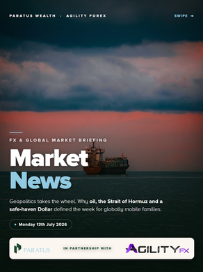 Paratus Wealth and Agility Forex Weekly Market News cover for Monday 13 July 2026, a lone cargo ship at dusk, with the theme geopolitics, oil and a safe-haven US Dollar