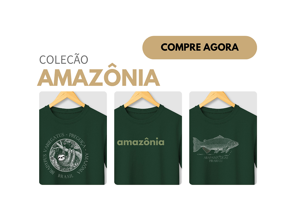 Coleção Amazônia – Camisetas Sustentáveis do Brasil
A Coleção Amazônia da 4life Creative é um convite para vestir a biodiversidade e a cultura do maior bioma tropical do planeta. Cada camiseta é desenvolvida com 100% algodão cultivado no Brasil, garantindo conforto, durabilidade e um toque macio, ao mesmo tempo em que valoriza a produção nacional e fortalece a cadeia sustentável da moda brasileira.

Moda consciente com identidade brasileira
Nossas camisetas são produzidas em parceria com o parque fabril da Reserva Ink, referência em qualidade e responsabilidade socioambiental. Utilizamos processos de estamparia modernos e de baixo impacto, além de um pacote de envio sustentável, feito com materiais recicláveis e reciclados, para reduzir a pegada ambiental em cada peça.

Fauna, flora e cultura da Amazônia em estampas exclusivas