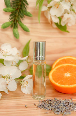 A clear glass roller bottle filled with essential oil perfume and surrounded by evergreen branches, orange slices, and organic lavender buds