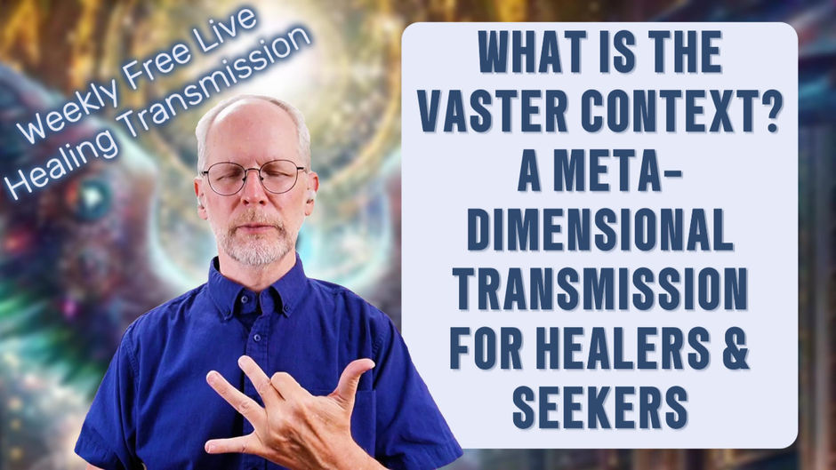 Man in blue shirt making hand gesture, eyes closed, with text about a "meta-dimensional transmission." Background is colorful and abstract.