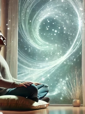 Person meditating by a window with swirling light patterns, in a serene room with soft colors and a lit candle, creating a calm mood.
