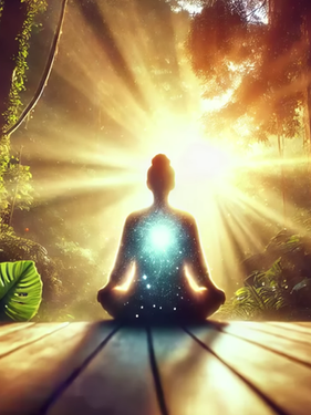 A person meditates in a forest with sunlight streaming through trees, casting a peaceful glow. Lush green leaves and wooden deck visible.