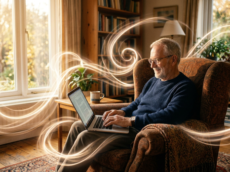 Man in a cozy room, typing on a laptop in an armchair. Sunlit window, bookshelves, plants. Swirling light trails create a magical mood.