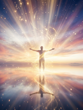 Silhouette of a person standing on reflective water, arms outstretched. Radiant light beams and sparkling particles in a celestial sky.