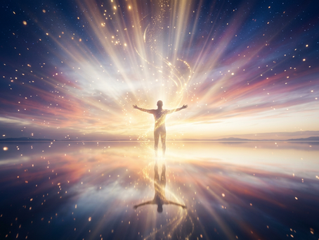 Silhouette of a person standing on reflective water, arms outstretched. Radiant light beams and sparkling particles in a celestial sky.