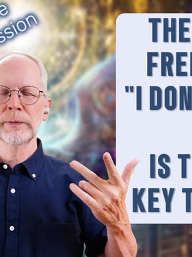Man with glasses meditates against a colorful background. Text reads: Weekly Free Live Healing Transmission. The hidden freedom in "I don't know." Is this the key to bliss?