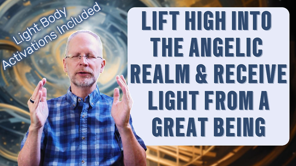 Man in plaid shirt with eyes closed, hands raised against a swirling background. Text: "Light Body Activations Included" and "Lift High..."