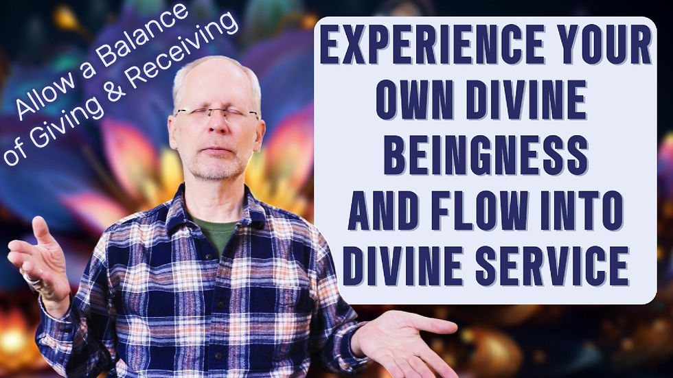Man in plaid shirt with eyes closed, gesturing with open hands. Text reads: Experience your own divine beingness. Background is colorful.