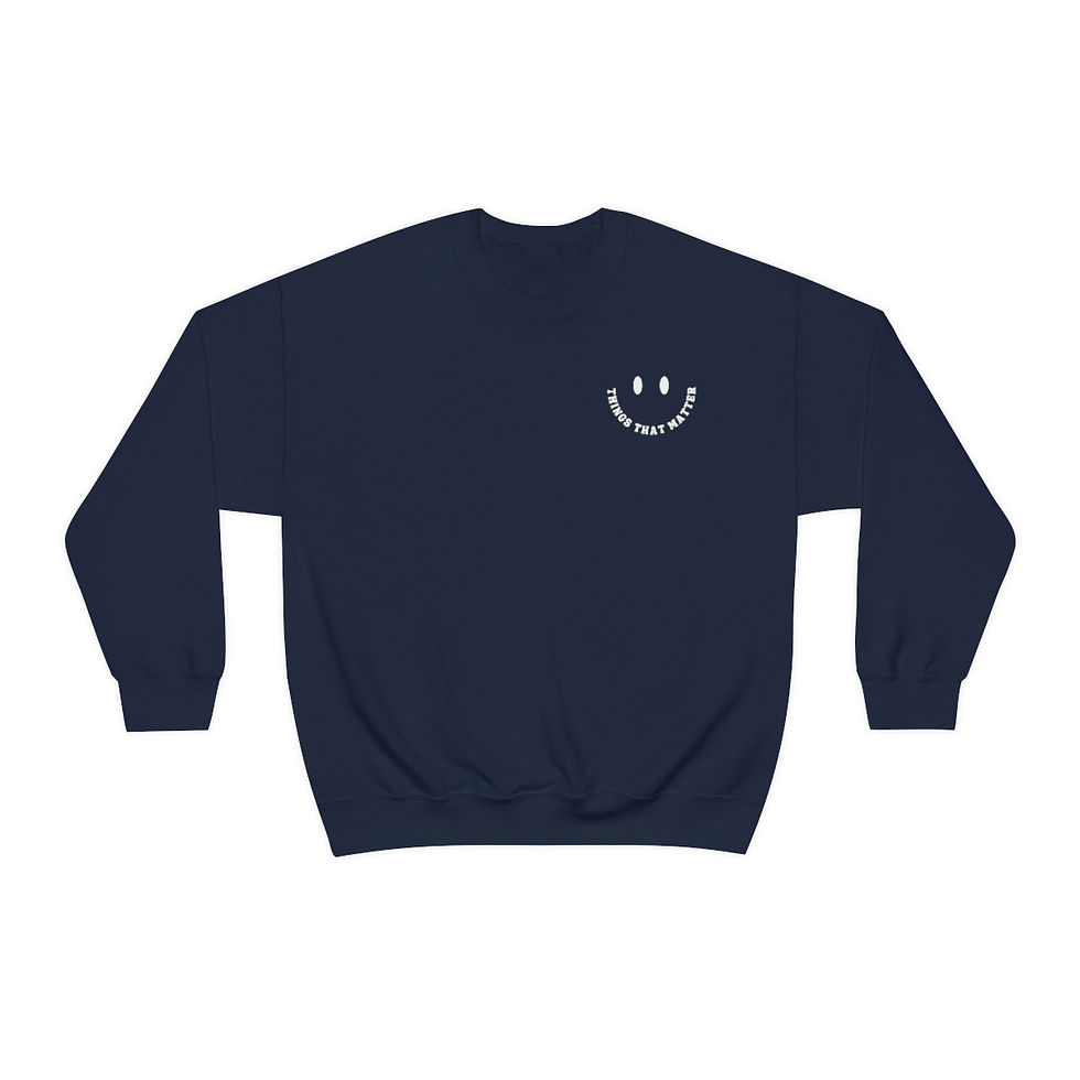 Thumbnail: Navy blue sweatshirt with a smiley face and text on the back