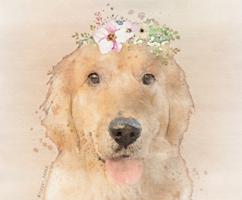 Thumbnail: Golden Retriever watercolor portrait wearing floral crown, pet portrait art, elegant design.