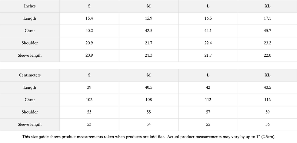 Thumbnail: Size guide with inches and centimeters measurements for clothing sizes, S to XL.