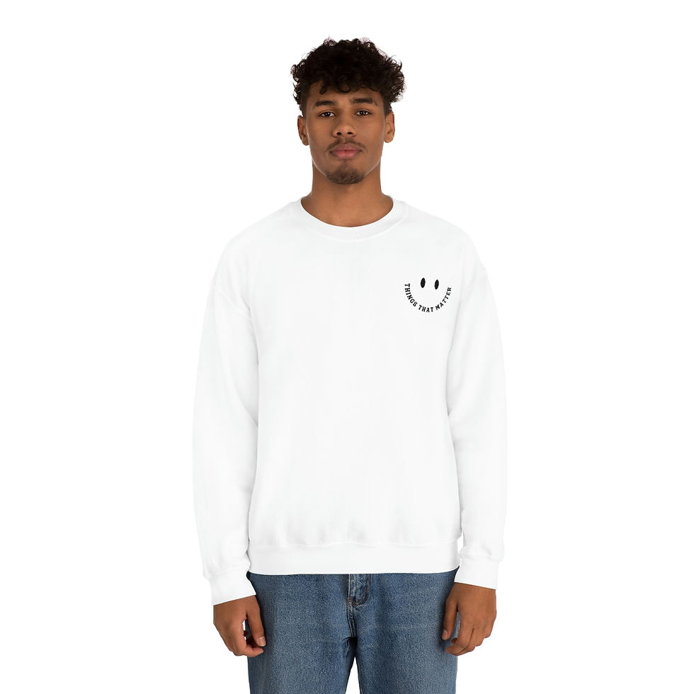 Thumbnail: Man wearing white sweatshirt with smiley face design and text on it.