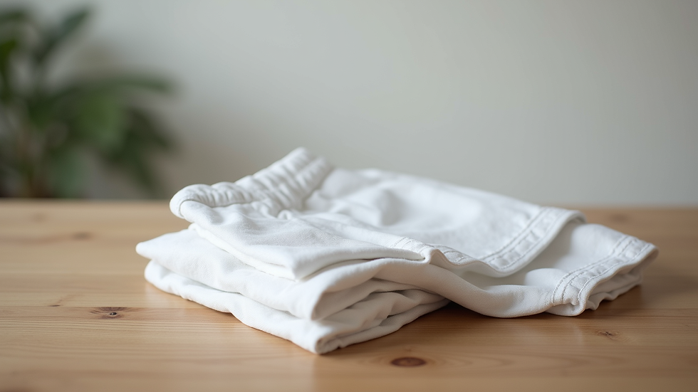 Vue en plongée d’un pantalon en lin blanc plié sur une table en bois clair