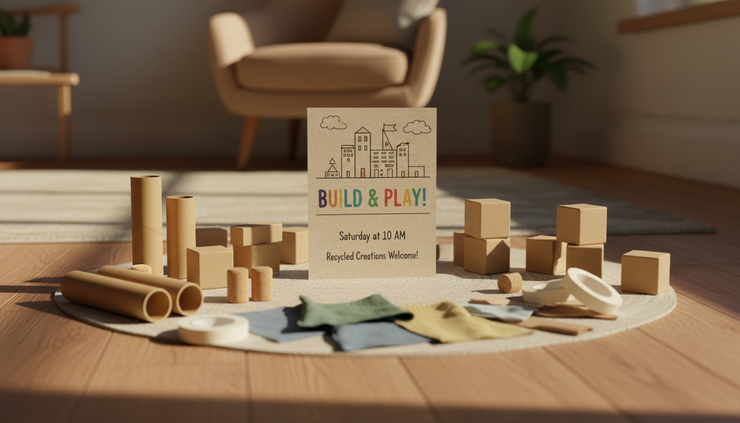 Eye-level view of cardboard tubes, small boxes, fabric pieces, and blocks arranged as a child-friendly building invitation