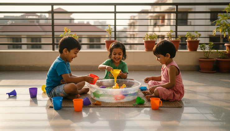 Wide-angle view of children playing with water, cups, and funnels on a balcony floor.