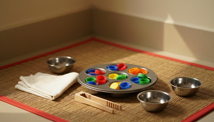 Close-up of a muffin tin filled with colourful bottle caps, wooden tongs, and small bowls on a floor mat
