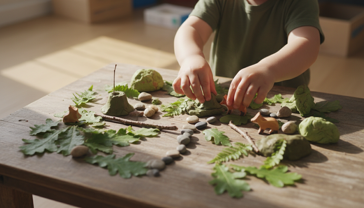 Close-up view of small hands arranging leaves, clay, and wooden animals into a pretend forest scene