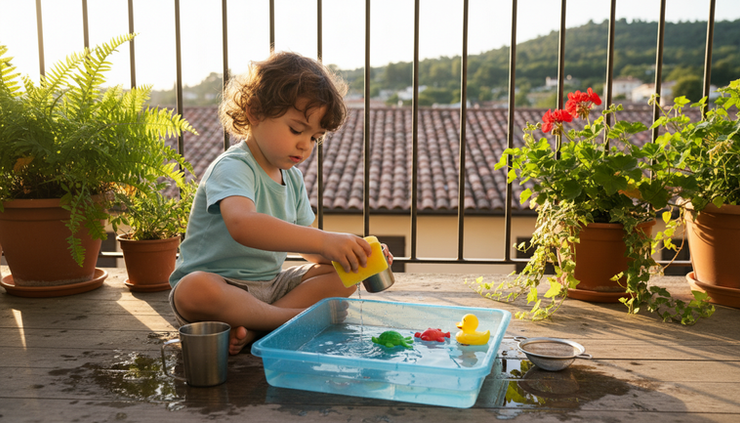 Wide-angle view of a water play tray with cups and sponges