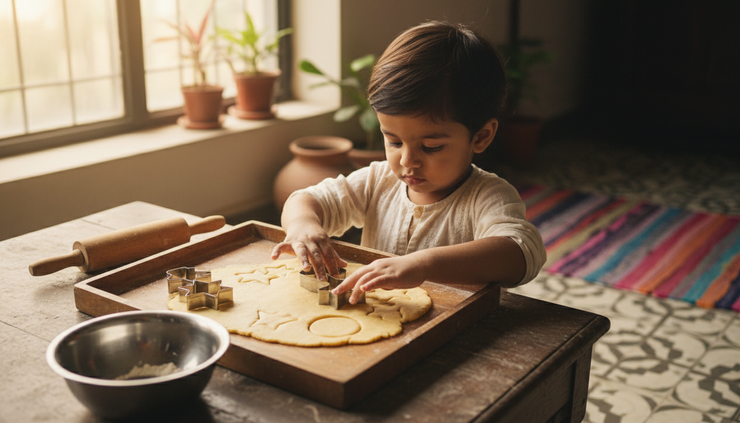 Eye-level view of a child pressing cookie cutters into soft dough on a sensory tray
