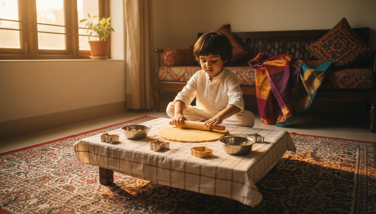 Wide-angle view of a child playing with dough and simple kitchen tools.