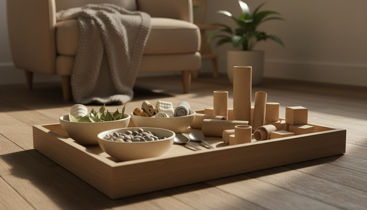 Wide-angle view of a low wooden tray with bowls, spoons, fabric scraps, cardboard tubes, and natural objects for toddler play