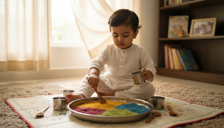 Eye-level view of a young child exploring coloured rice with small cups and spoons.