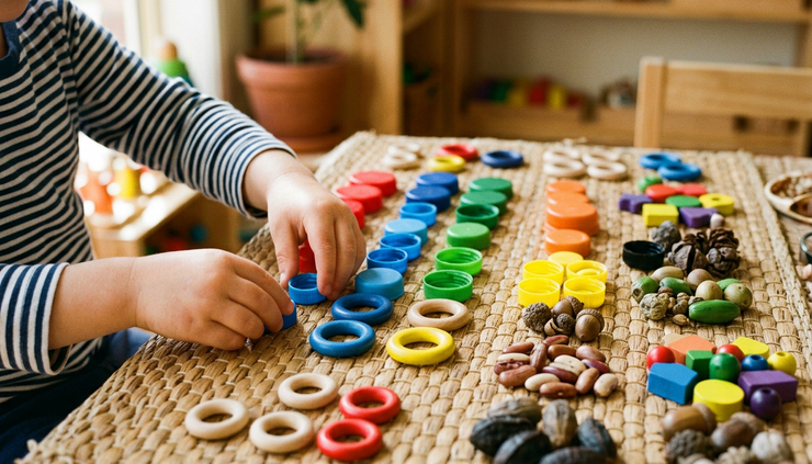 Close-up of small hands arranging bottle caps by colour and size on a mat