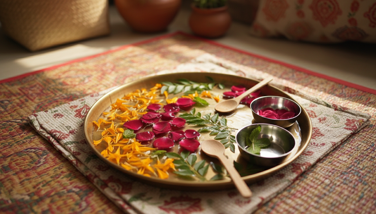 Close-up of a shallow tray with flower petals, leaves, water, spoons, and small bowls ready for pretend soup play