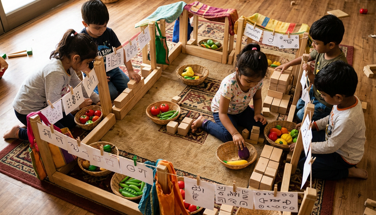 Overhead view of children building a pretend market with baskets, blocks, and handmade signs