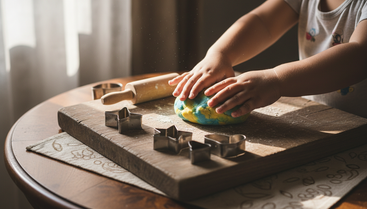 Close-up of small hands squeezing homemade play dough on a wooden board.