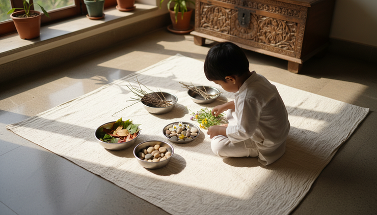 Overhead view of a child sorting leaves, flowers, and pebbles into small bowls.