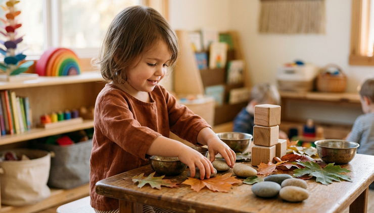 Eye-level view of a child exploring leaves, bowls, and wooden blocks on a low table