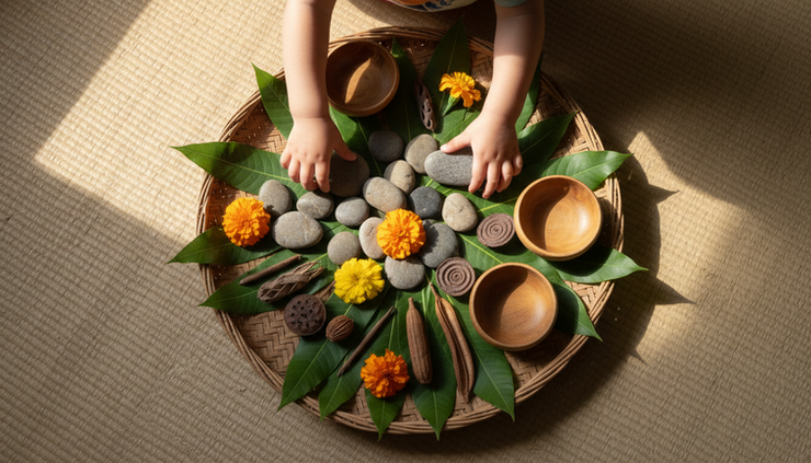 Top-down view of a nature sorting tray with leaves and flowers