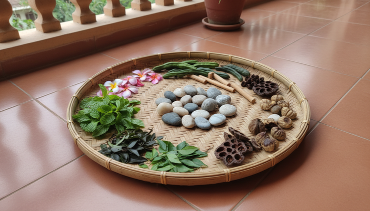 Eye-level view of leaves, flowers, pebbles, and herbs arranged on a tray for sensory play