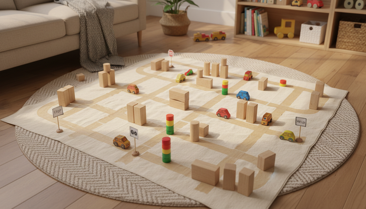 Overhead view of a masking tape road map with blocks, bottle caps, and cardboard cars on a play mat