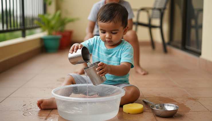 Close-up view of a toddler pouring water between small cups.