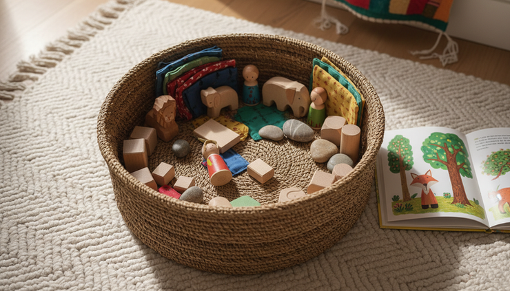Overhead view of a storytelling basket filled with animal figures, cloth pieces, blocks, and a picture book