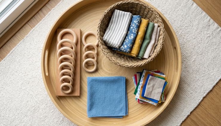 Overhead view of a play tray with a small cloth, basket, and sorted loose parts after play