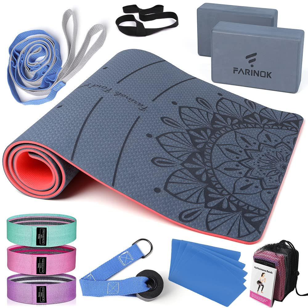 Yoga mat, blocks, resistance bands, fitness accessories