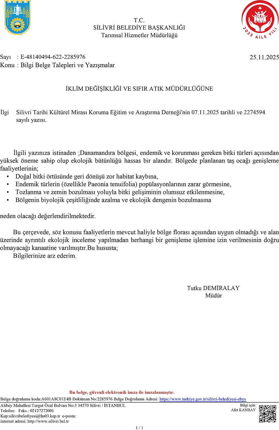 Silivri Belediyesi İklim Değişikliği ve Sıfır Atık Müdürlüğü Dilekçesi