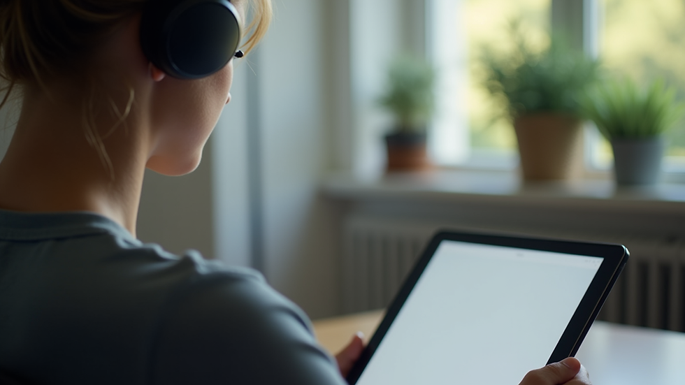 Close-up view of a person using headphones and a tablet for an online therapy session
