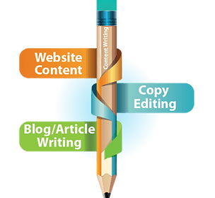A pencil with an eraser, with three ribbons Orange, Blue, Green titled Web content, Copy editing and Blog/Artcle writing.