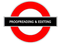 A red round London underground tube sign, with the title Proofreading & Editing written in white against a black border.