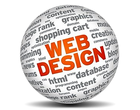 A round white globe with the title Web design written in black in the centre surrounded by web design terminology words.