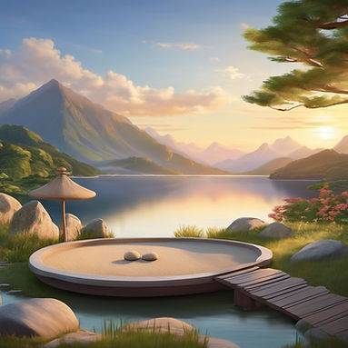 A calm ocean or lake view for a smoother water element._A zen garden with stones and green