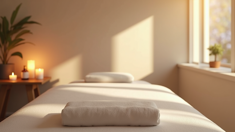 Eye-level view of a serene spa treatment room with soft lighting