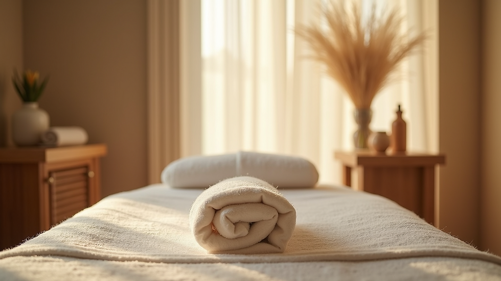 Eye-level view of a serene spa treatment room with natural decor